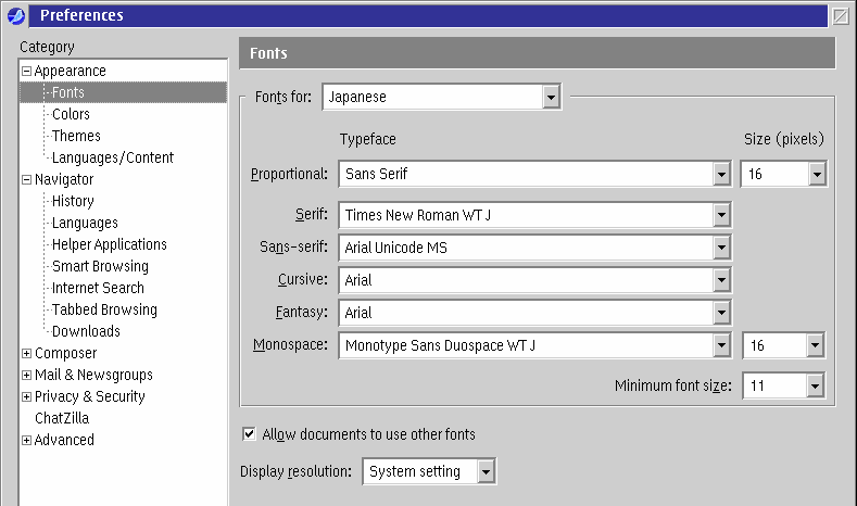 Setting the fonts for Japanese in SeaMonkey